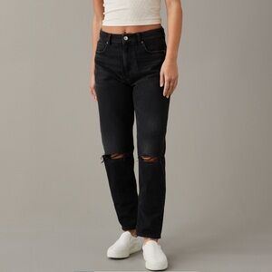 American Eagle Strigid Black Mom Jeans with Distressed Knee